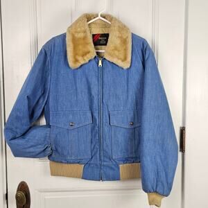 VTG Men's jacket Light blue denim bomber ribbed knit cuffs waistband Large